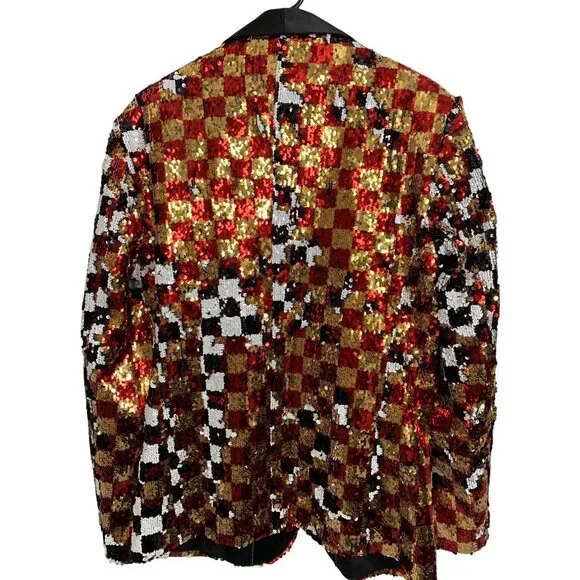 S Mens Sequin Checkered Blazer Tux Jacket Satin Lapel By Doohoob London Design